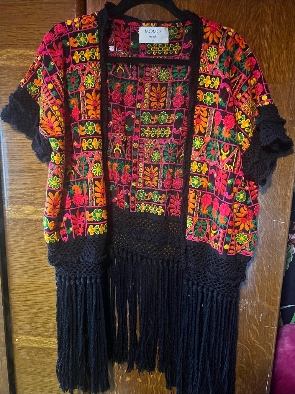 Momo Black Embroidered Fringe Kimono - Floral Multicolor
